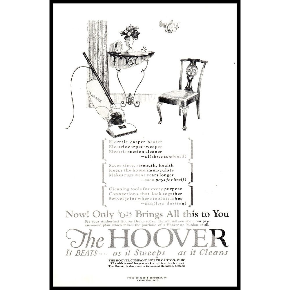 1924 Hoover Vacuum Vintage Print Ad Formal Room Ball & Claw Foot Chair Wall Art